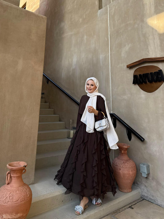 Brown Ruffle-Detail Chiffon Blouse and Skirt Set- PRE ORDER