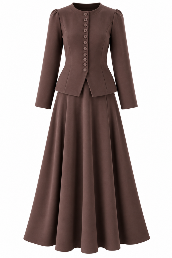 Elvera Steel-Knit Buttoned Skirt Set - Brown