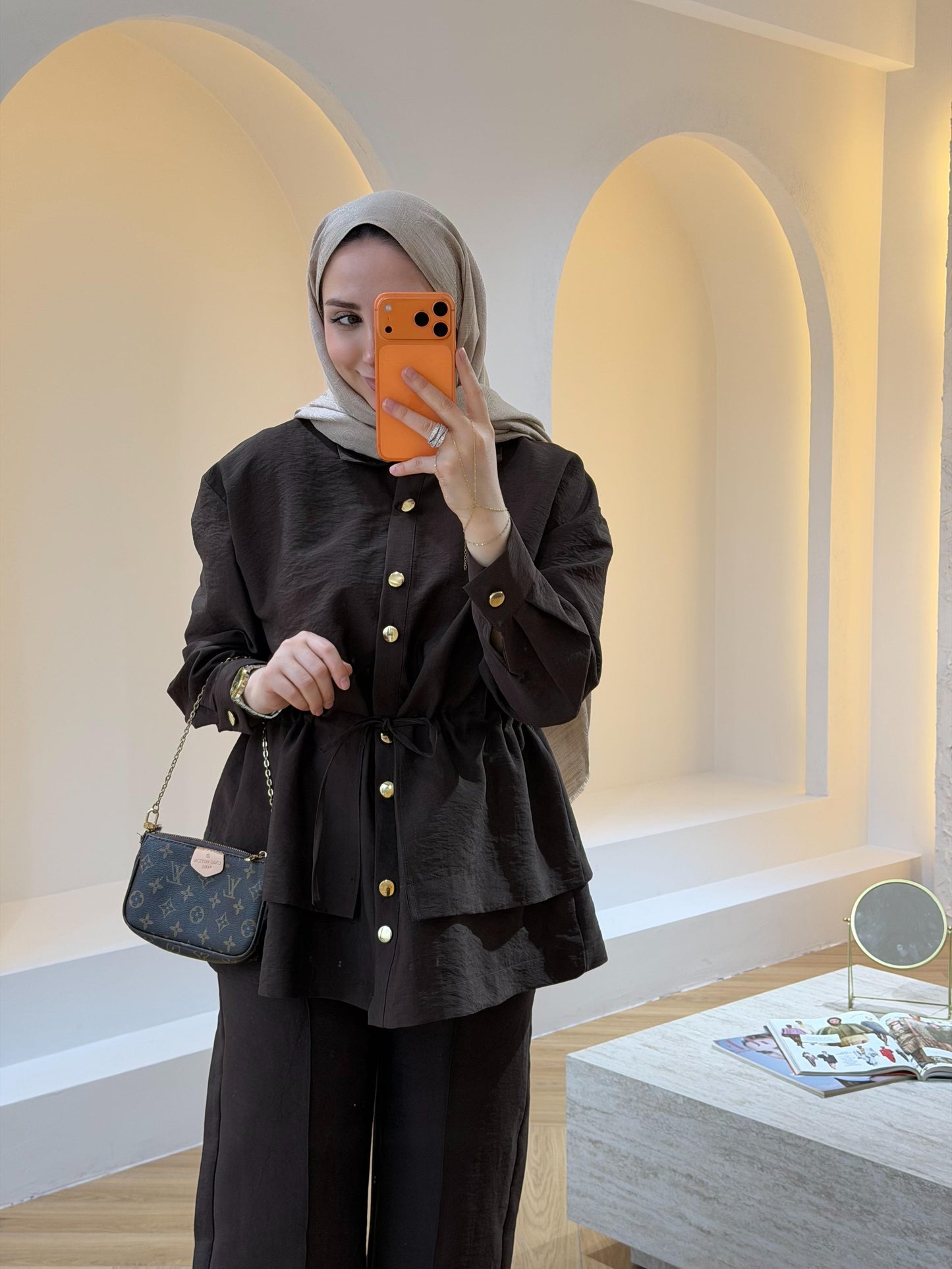 Gold Button Co-ord Cupro Set – Drawstring Jacket & Wide Leg Trousers - Brown