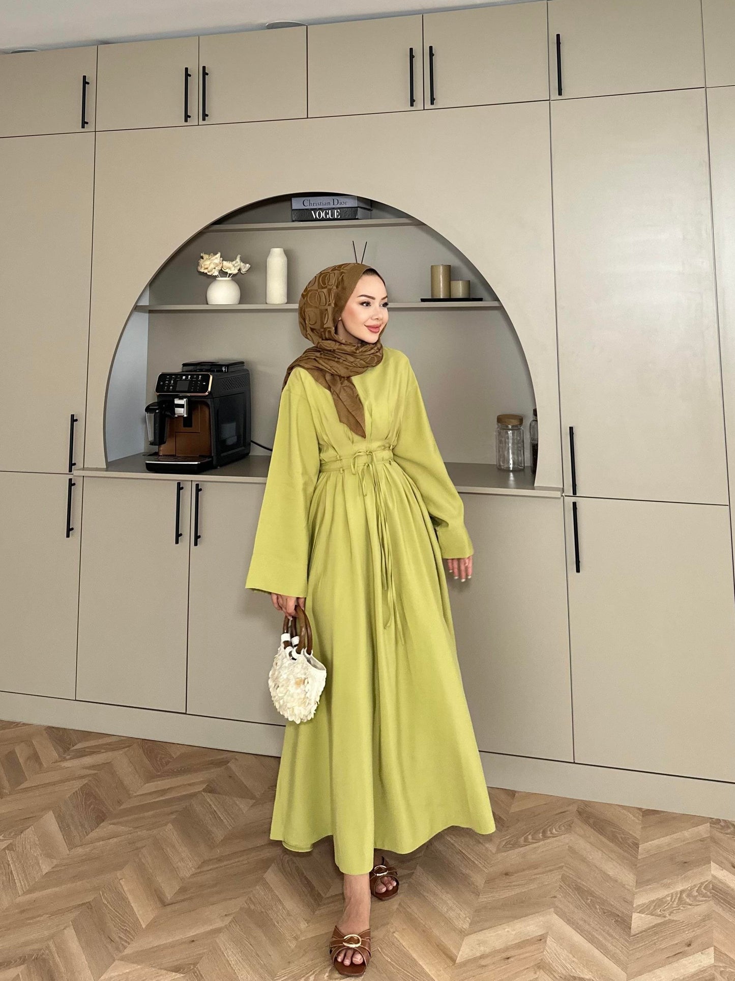 Fitted Waist Maxi Dress in Modal Fabric- Olive