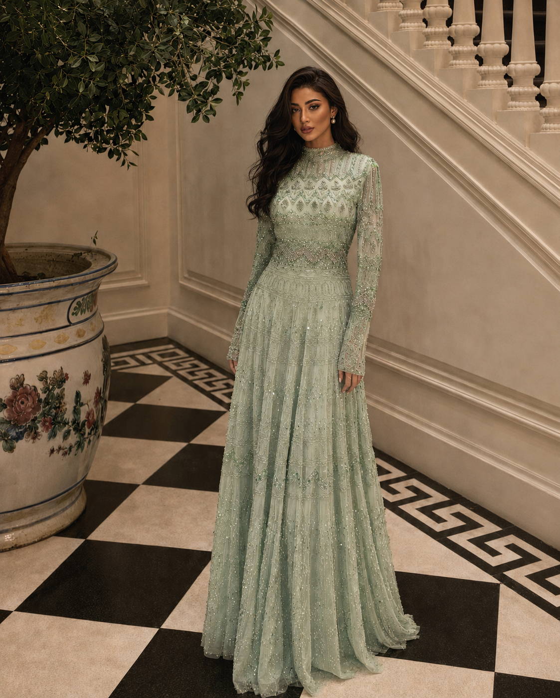 Couture Rania Full Embroidered Modest Evening Dress - Mint
