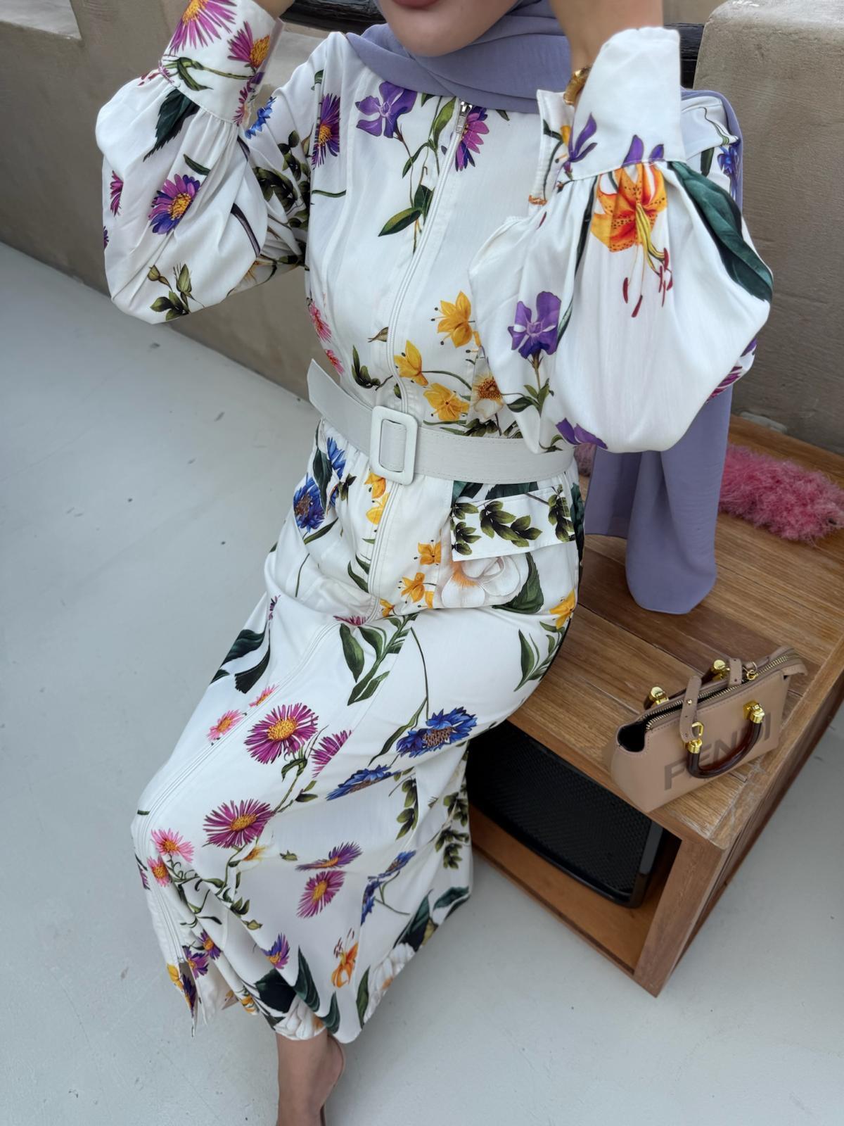 Floral White Belted Dress