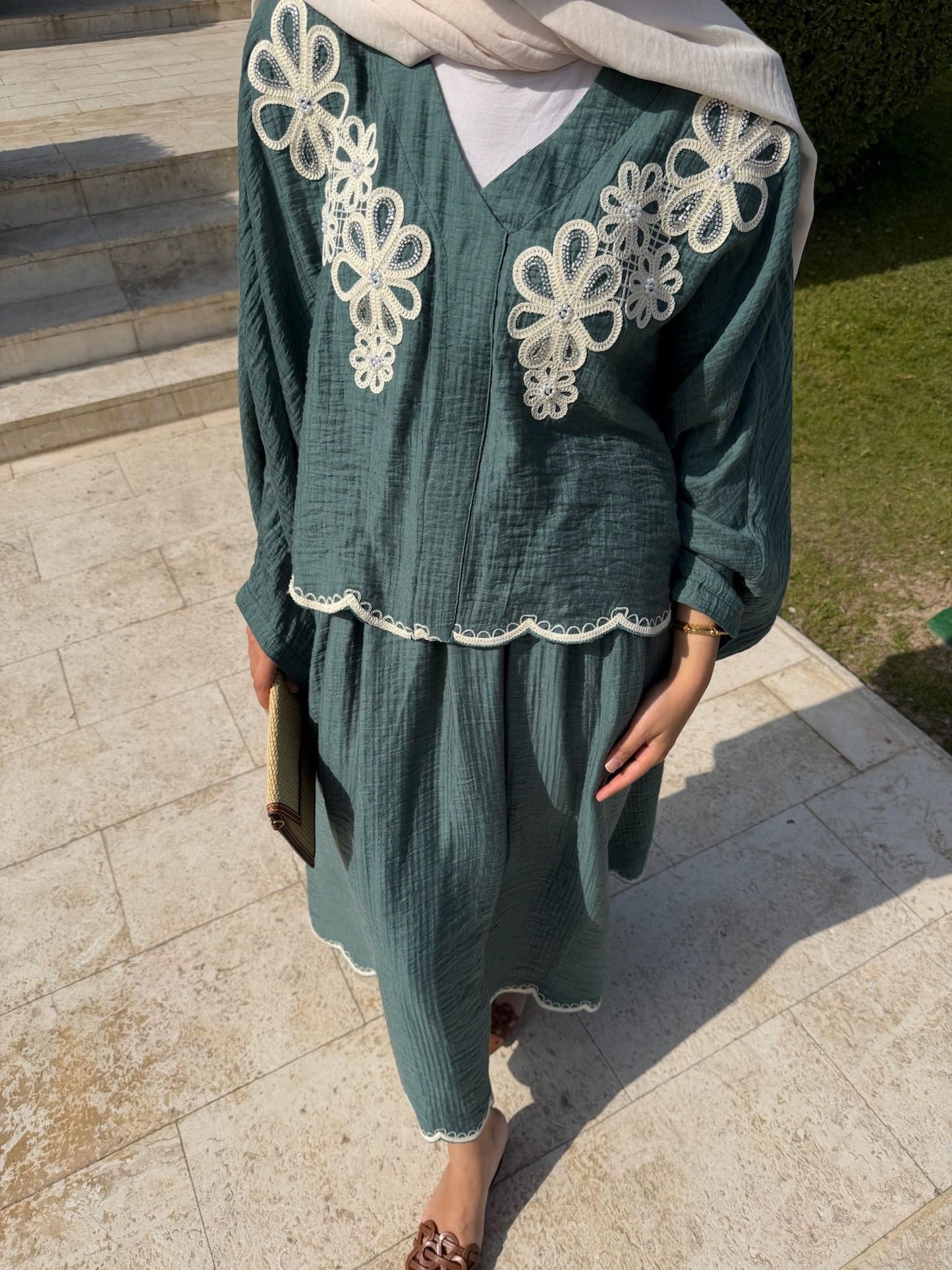 Lace Detailed Skirt Set - Green
