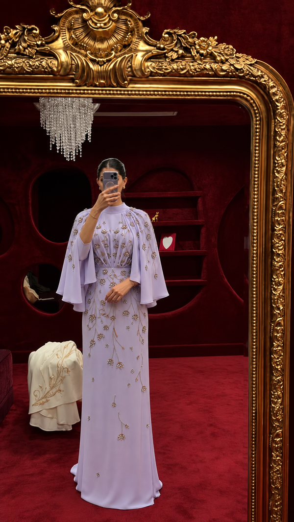 Ruweida Stone-Embellished Modest Satin Cape Pencil Dress - Evening Dress - Lilac