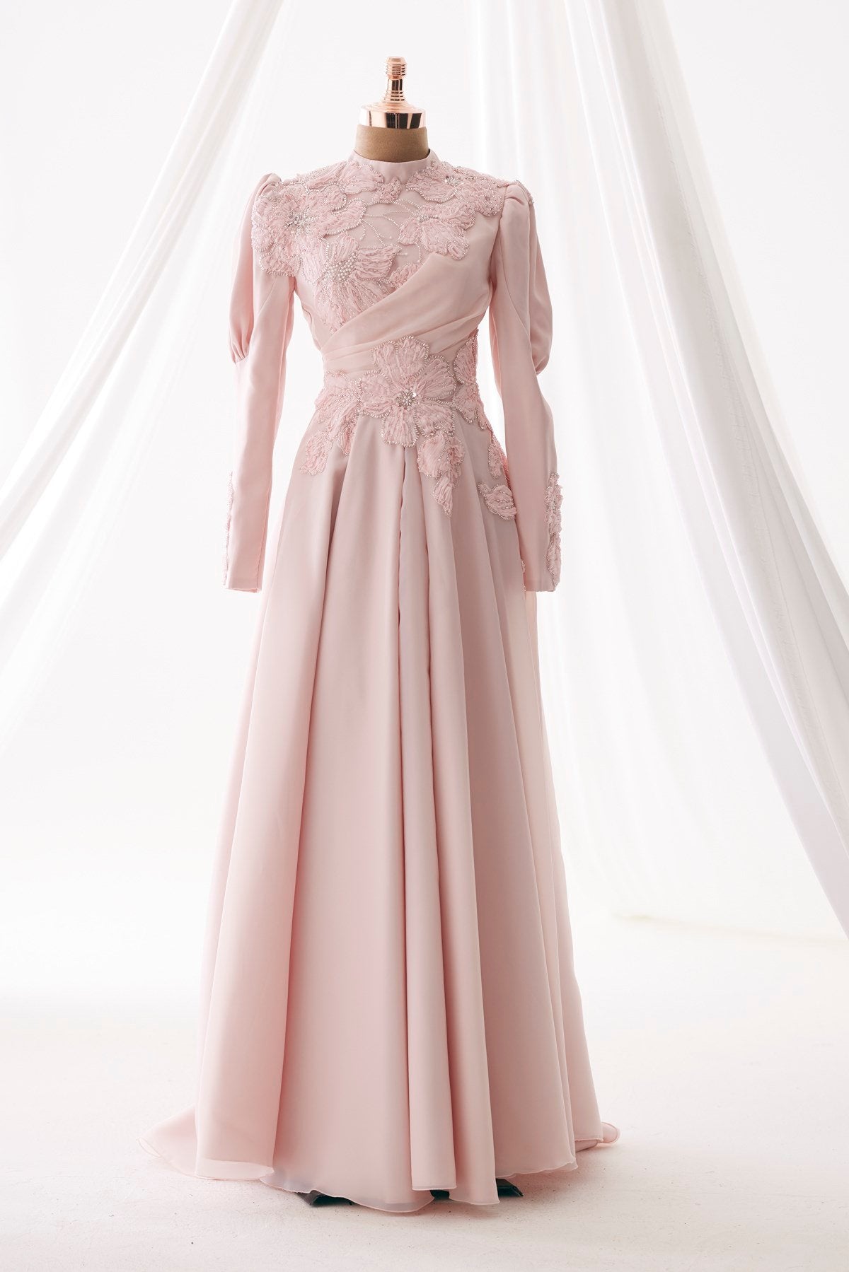 Floral Embellished Modest Evening Dress - Pink