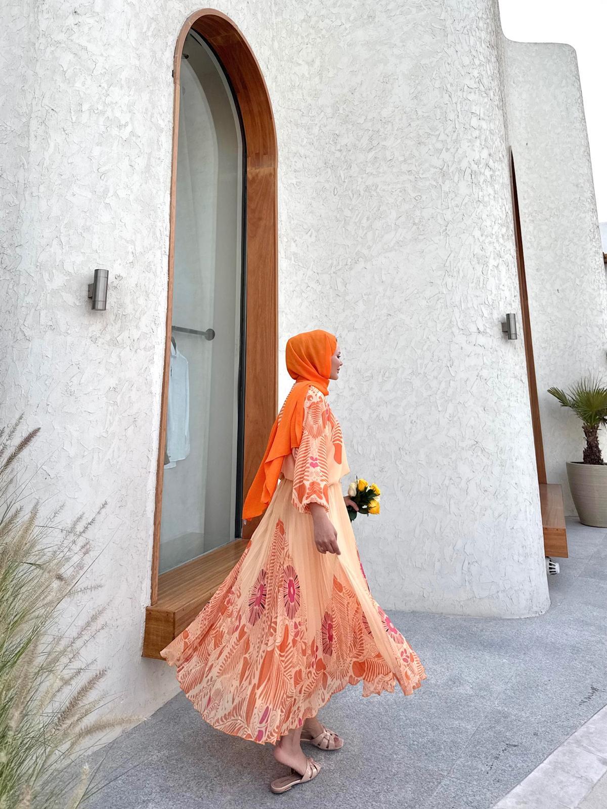 Orange Chiffon Printed Pleated Skirt & Blouse Set