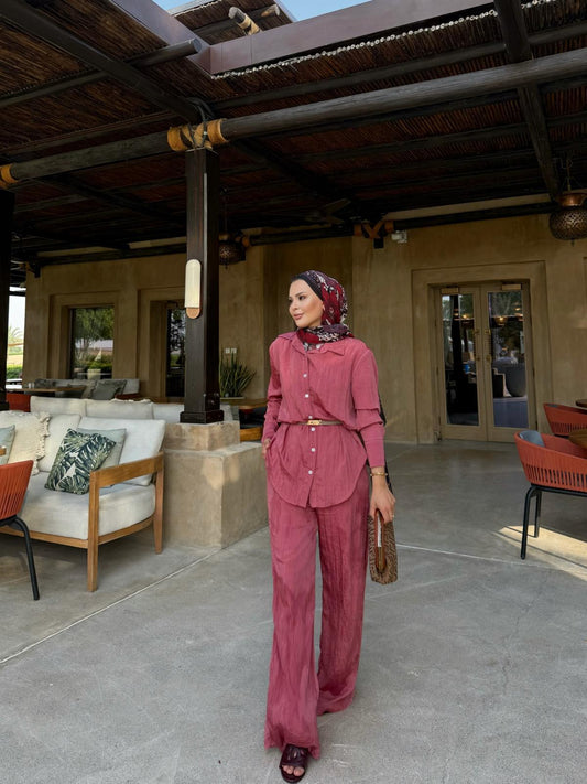 Crushed Shirt and Pant Matching Sets in Burgundy