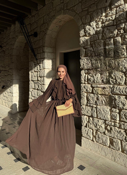 Farah Brown Chiffon Dress with Ruffle Details