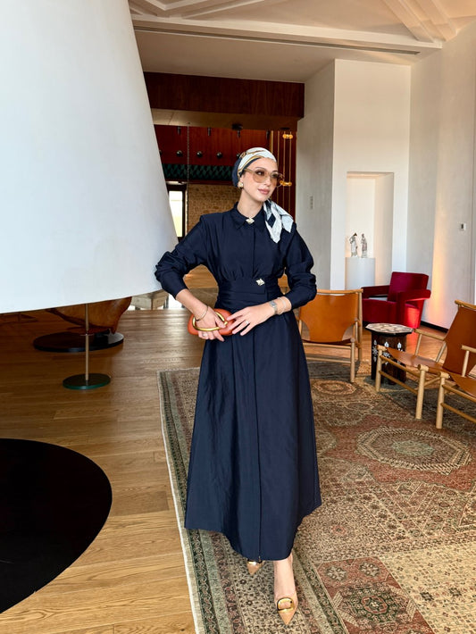 Buckle Detailed Chic Dress Navy Blue