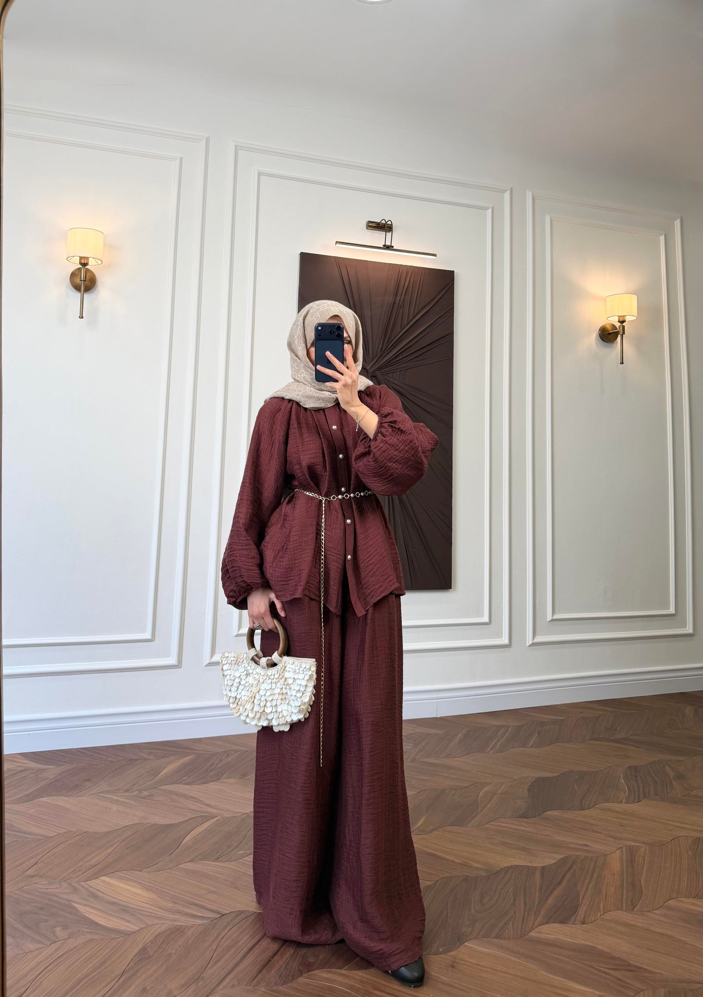 Burgundy Textured Co-ord Set – Balloon Sleeve Shirt & Wide-Leg Trousers