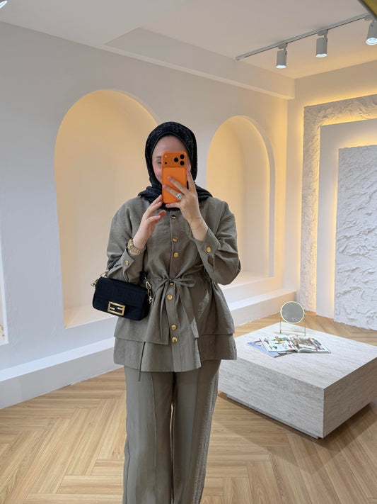 Gold Button Co-ord Cupro Set – Drawstring Jacket & Wide Leg Trousers - Sage