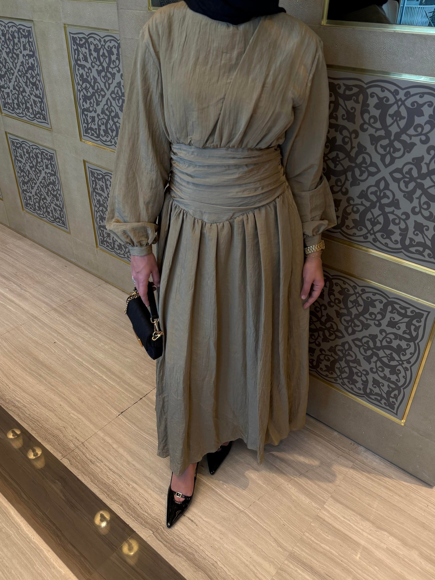 Crushed Fabric Waist-Detail Dress Khaki