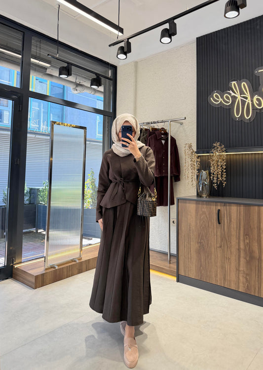 Pleated Skirt Set – Brown| Cupro Fabric Two-Piece Set