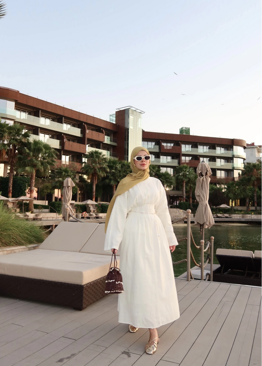 Pleated Waist Linen Maxi Dress in White