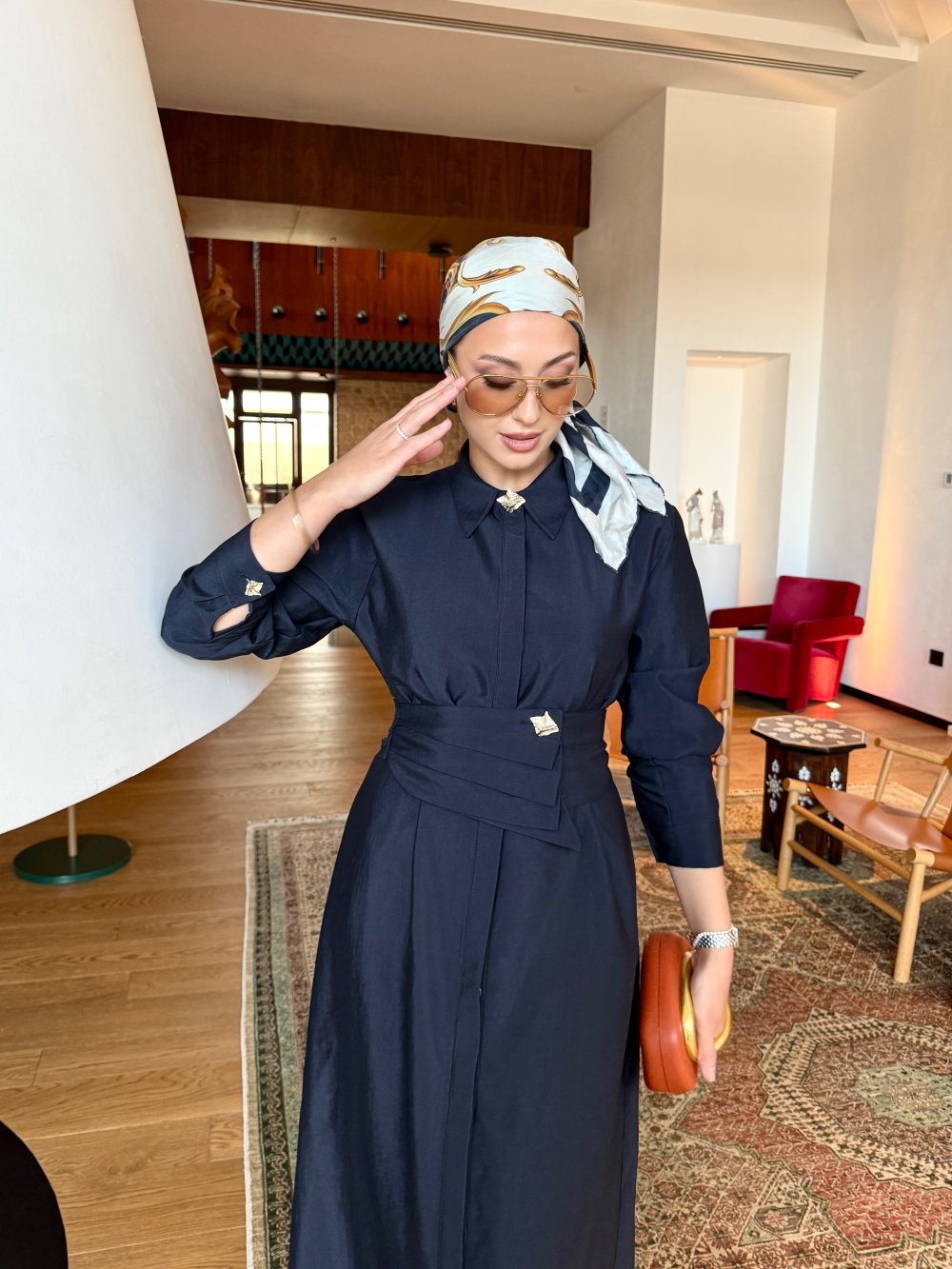 Buckle Detailed Chic Dress Navy Blue