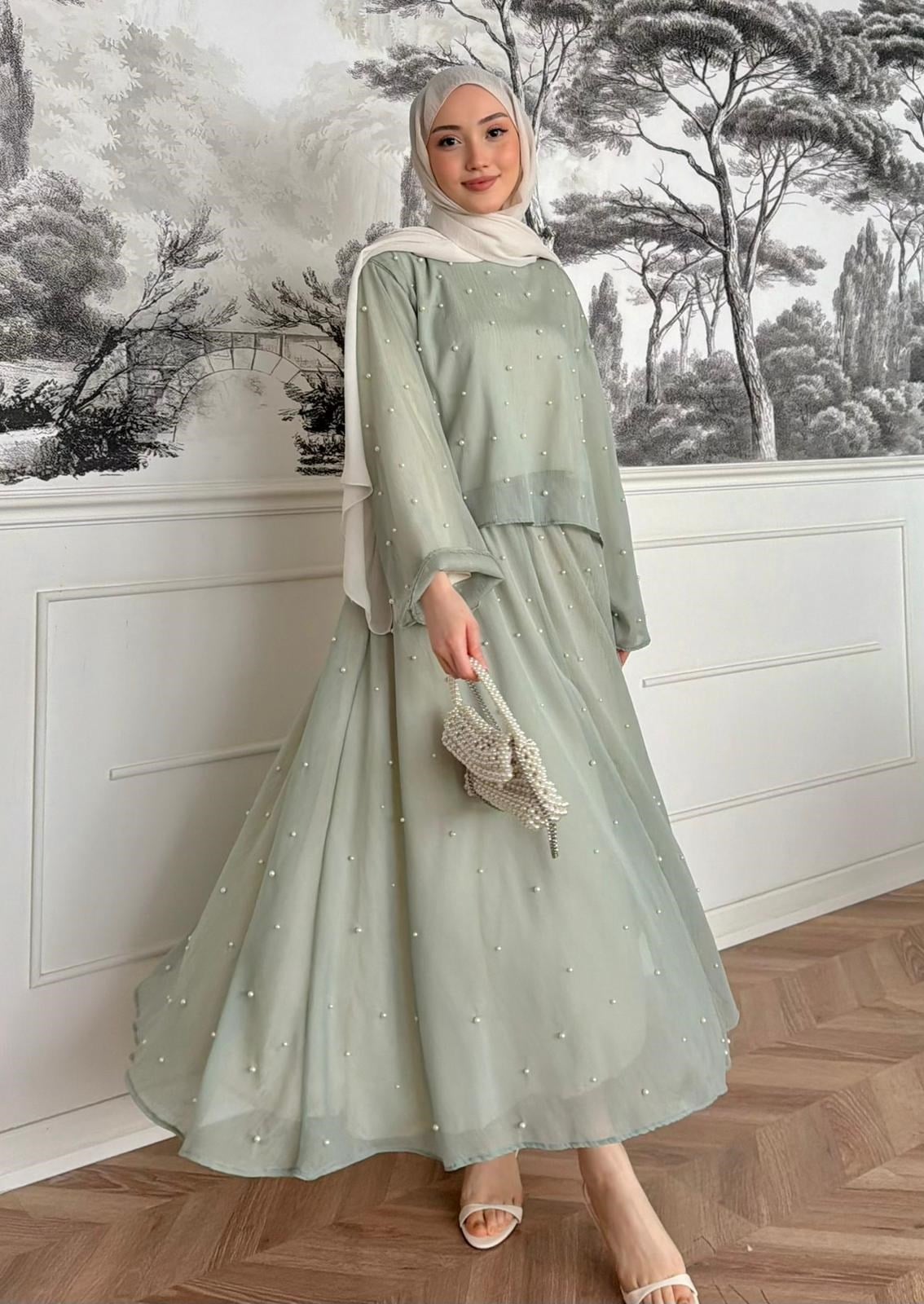 Pearl Embellished Maxi Dress – Flared Skirt & Long Sleeve- Green