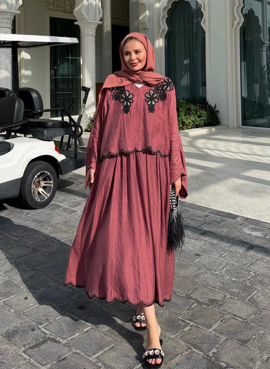 Lace Detailed Skirt Set - Brick