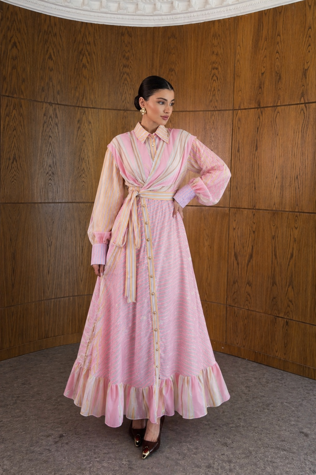 Pink Pastel Stripe Wrap Dress with Balloon Sleeves and Waist Tie