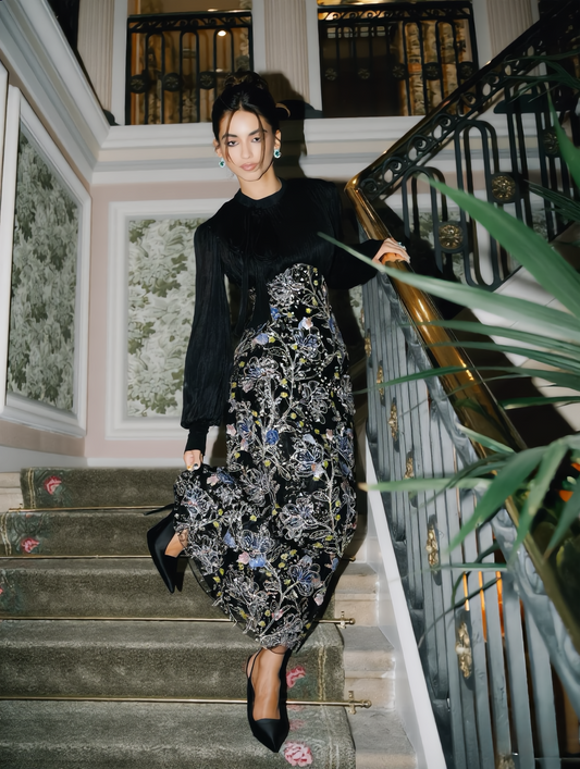 Lisbonne Orchid & Embroidery Modest Evening Gown - Black