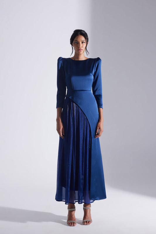 Saxe Blue Asymmetric Detailed Chiffon Skirt Wedding Dress