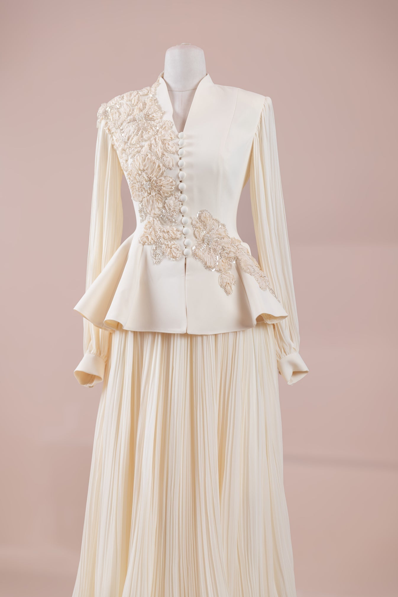 Limited Collection Peplum Jacket & Pleated Maxi Skirt Set – 3D Floral Embroidered Evening Ensemble