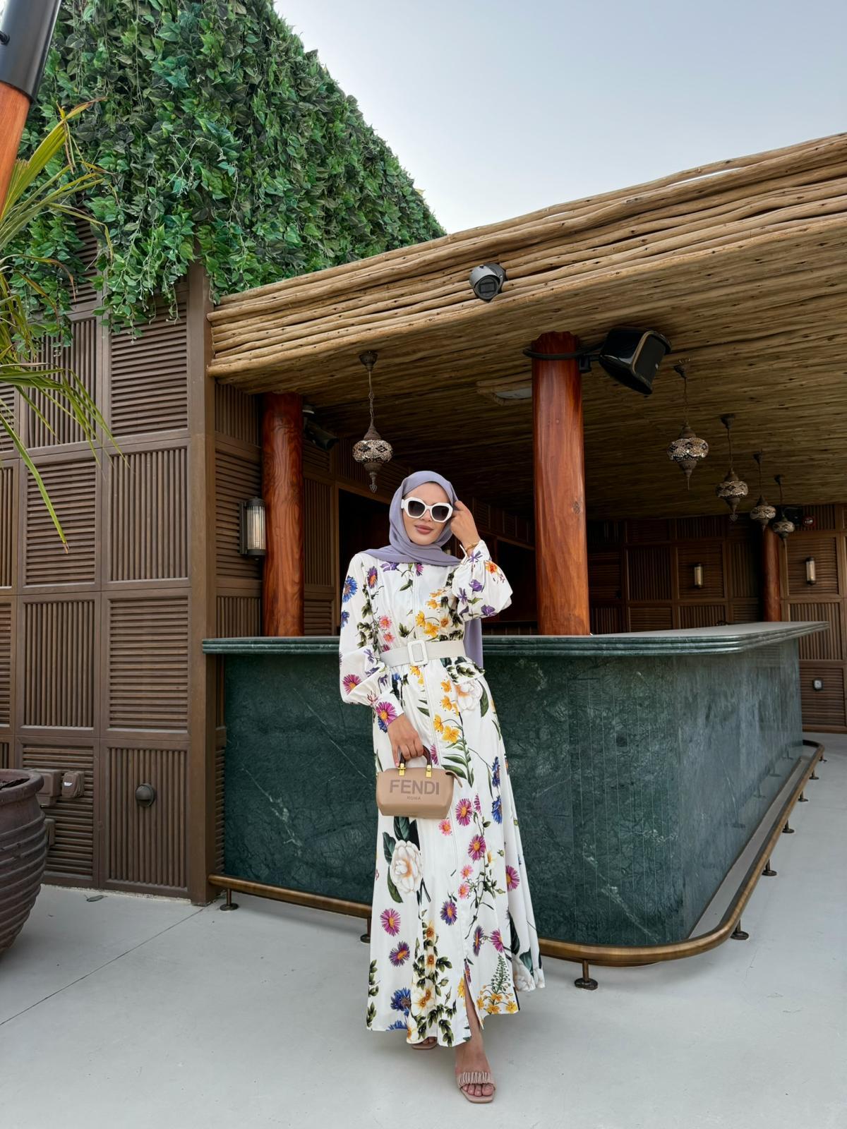 Floral White Belted Dress
