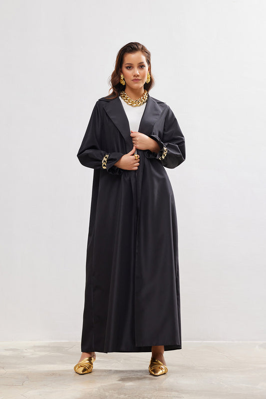 Black Chain Detailed Taffeta Trench Abaya