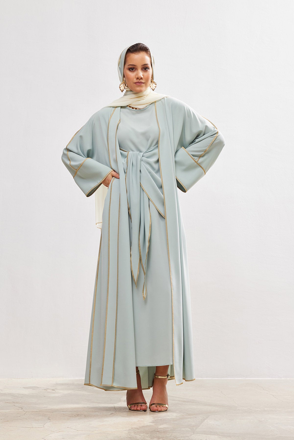 Gold Lined Mint Abaya and Dress Set