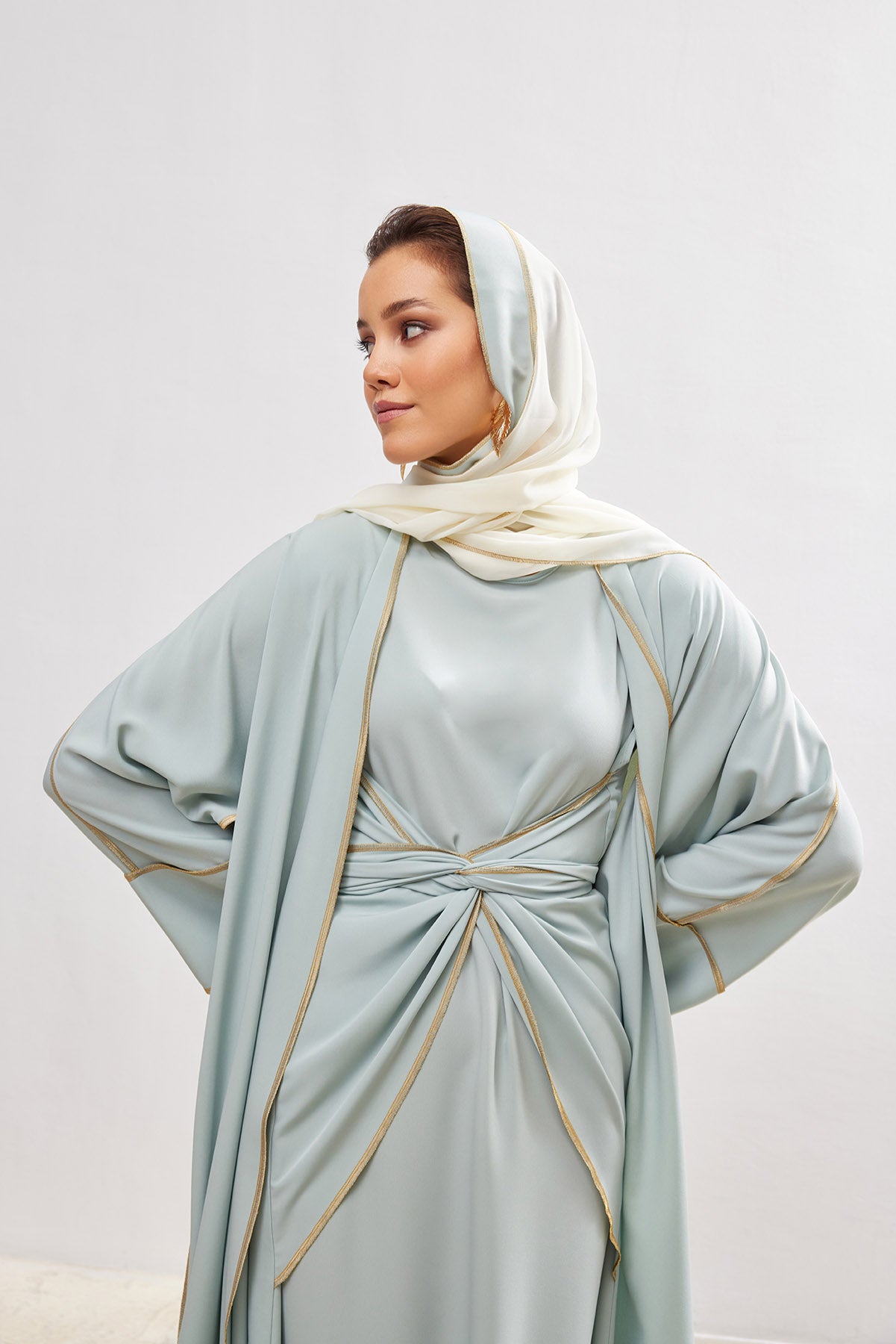 Gold Lined Mint Abaya and Dress Set