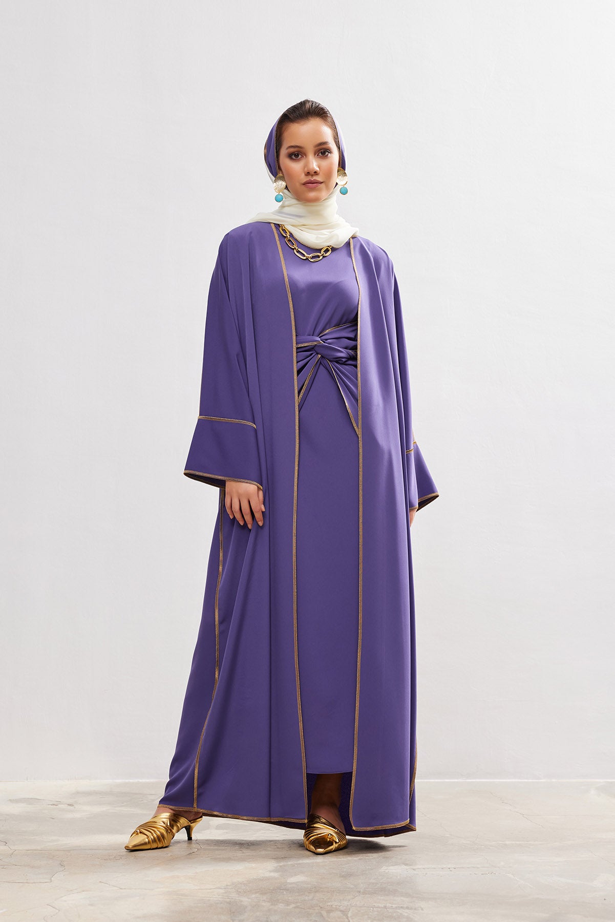 Gold Lined Lilac Abaya and Dress Set