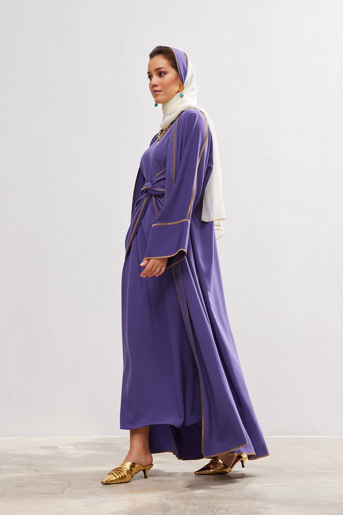 Gold Lined Lilac Abaya and Dress Set