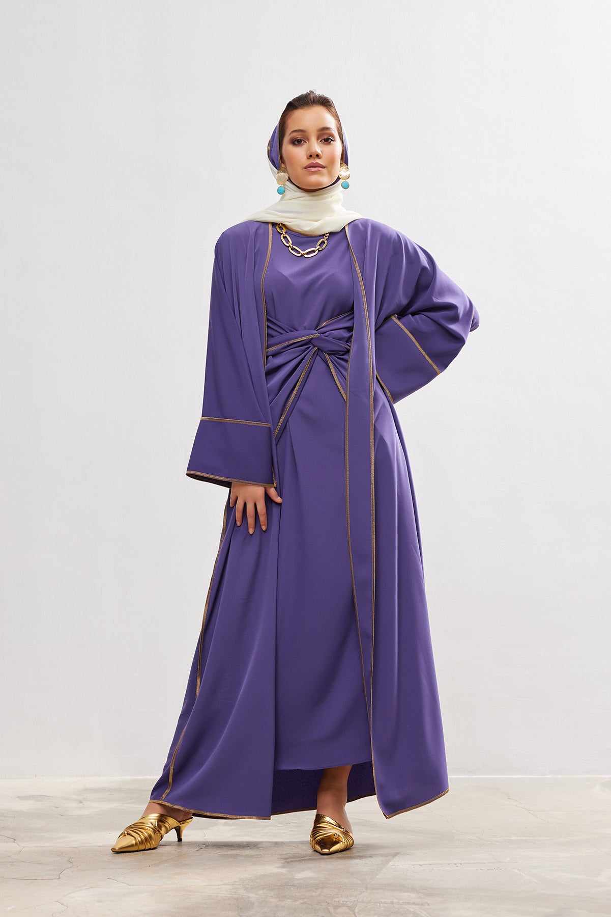 Gold Lined Lilac Abaya and Dress Set