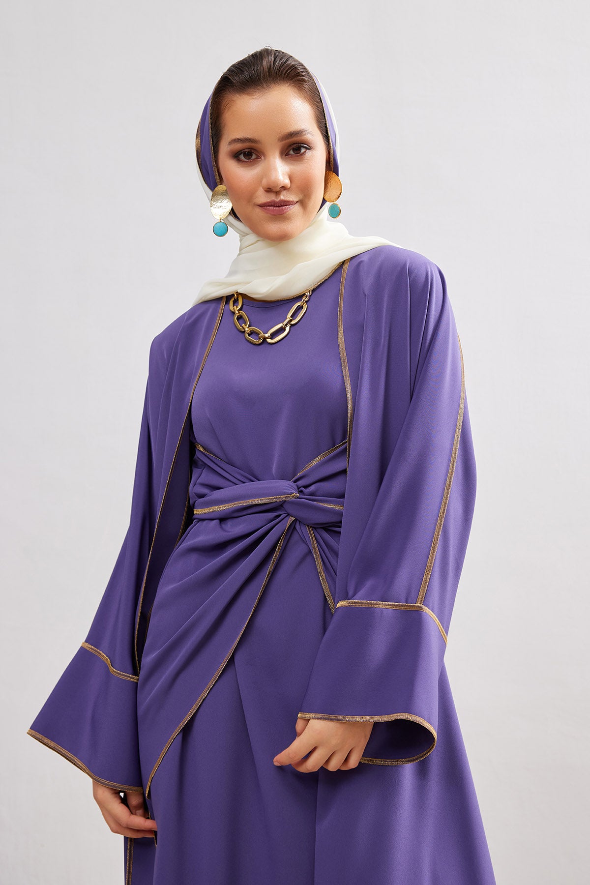 Gold Lined Lilac Abaya and Dress Set