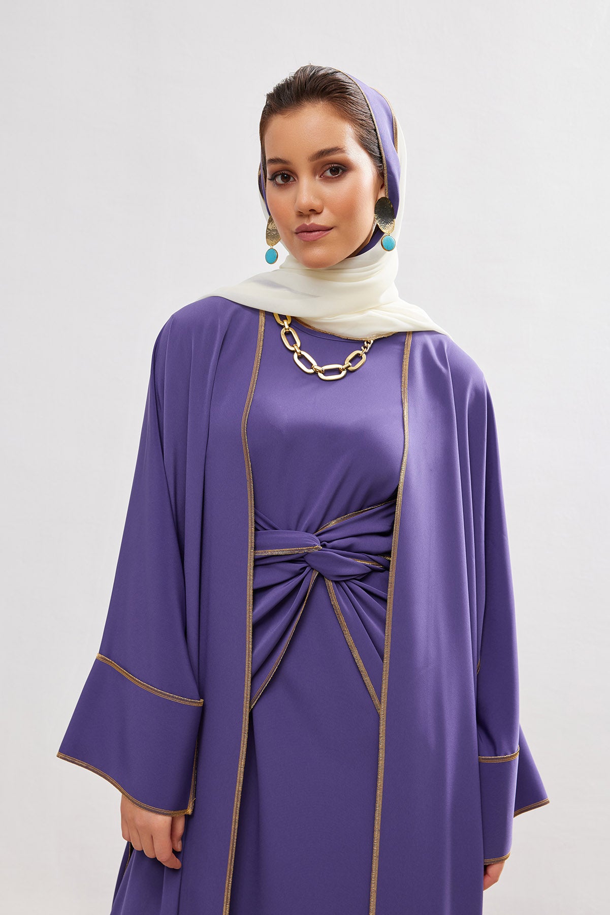 Gold Lined Lilac Abaya and Dress Set