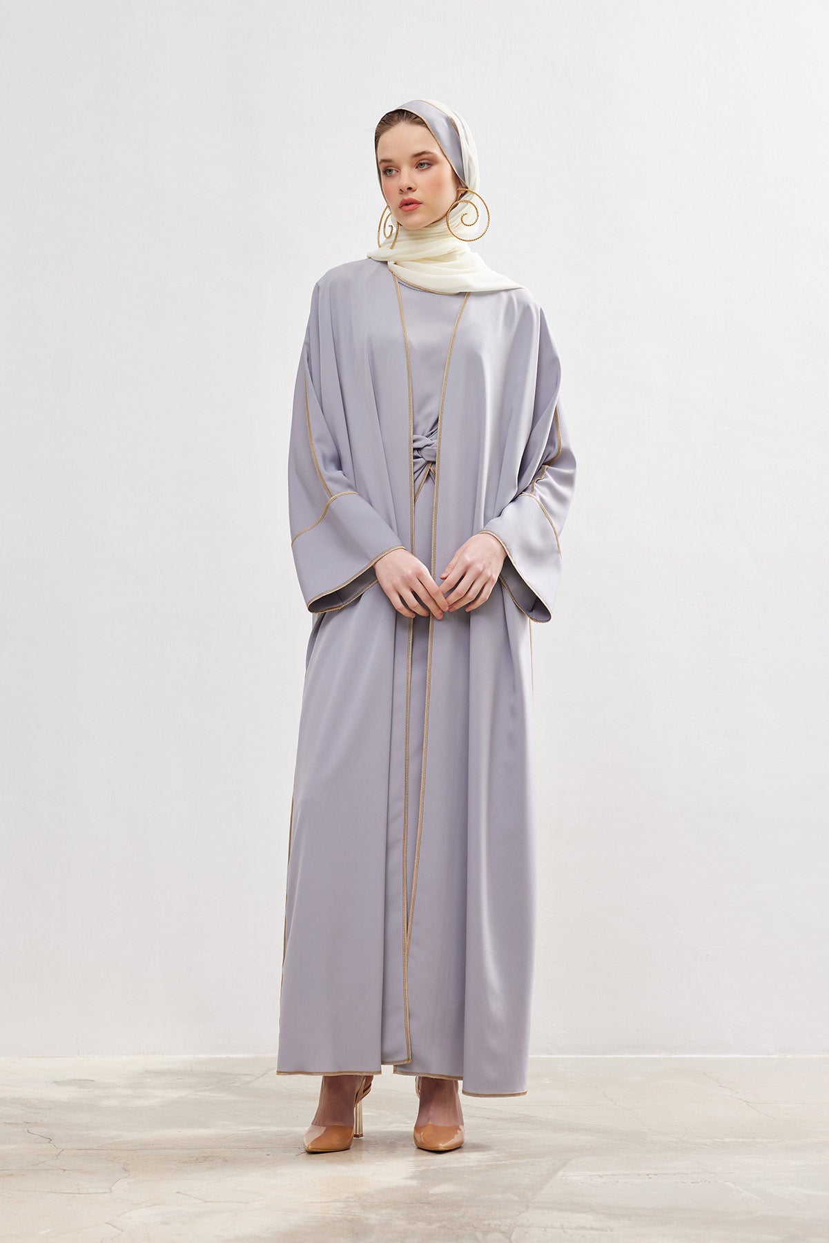 Gold Lined Gray Abaya and Dress Set