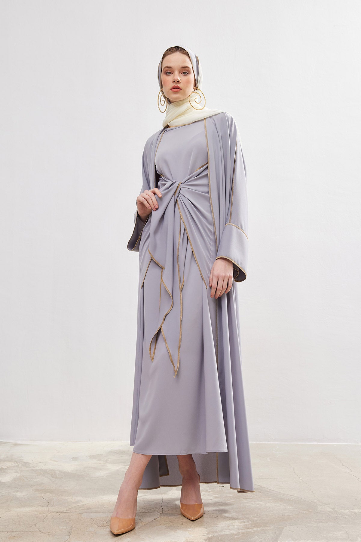 Gold Lined Gray Abaya and Dress Set