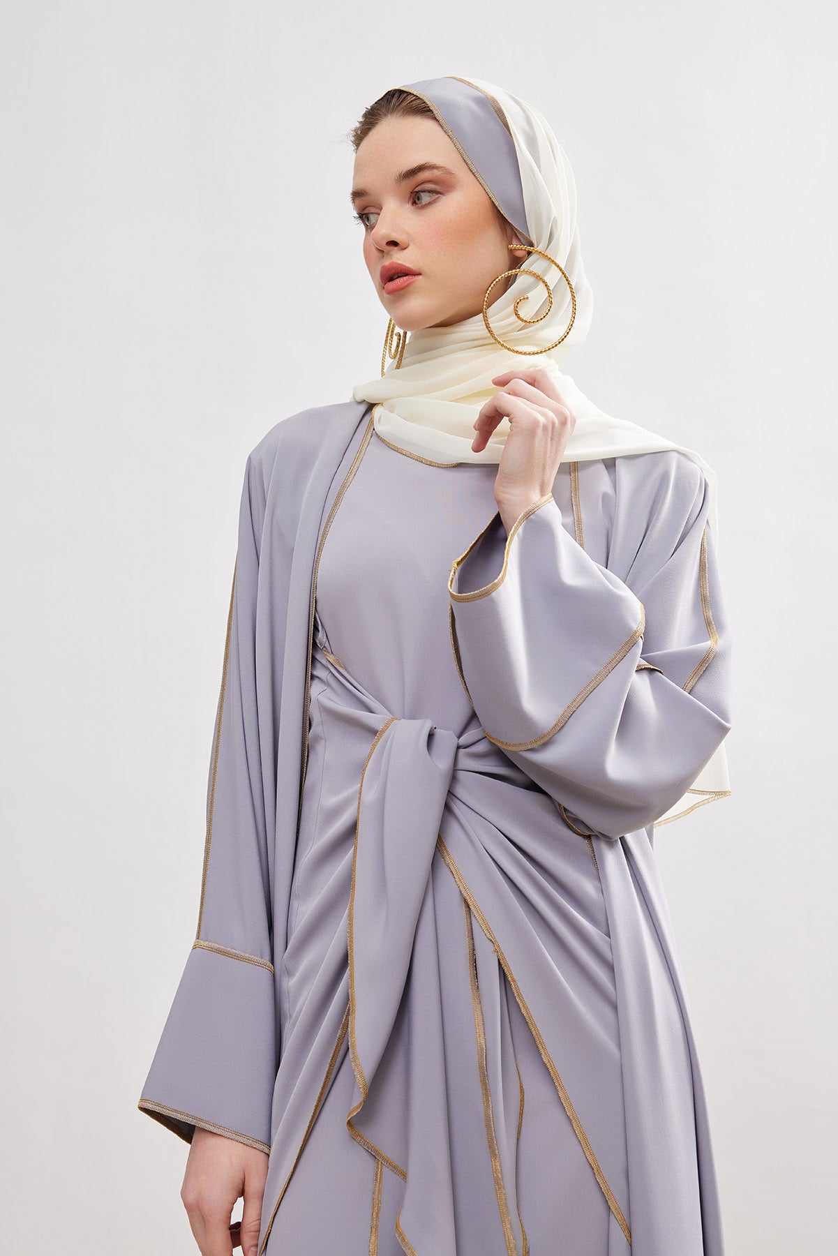 Gold Lined Gray Abaya and Dress Set