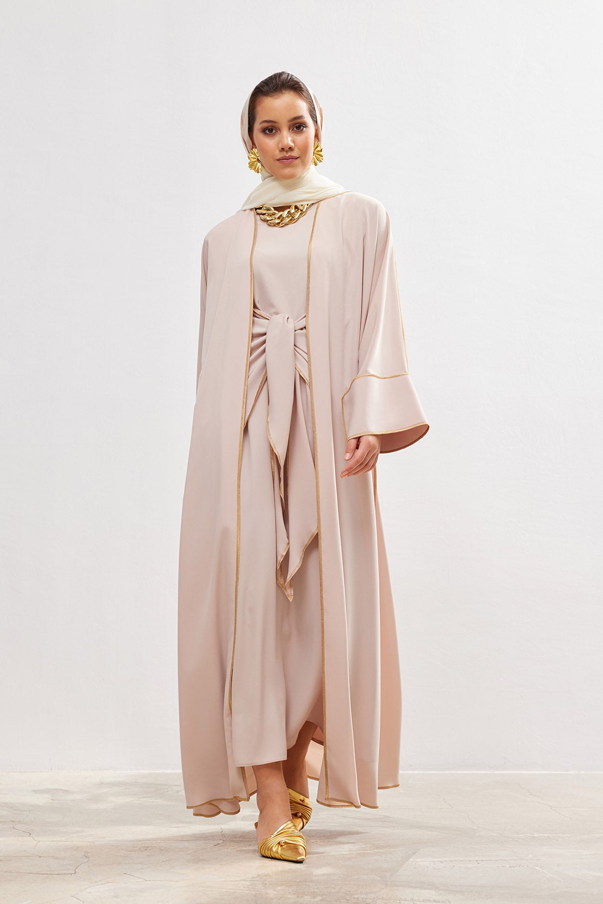 Gold Lined Salmon Abaya and Dress Set