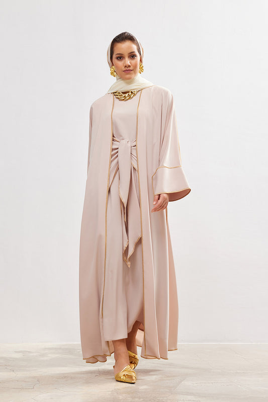 Gold Lined Salmon Abaya and Dress Set