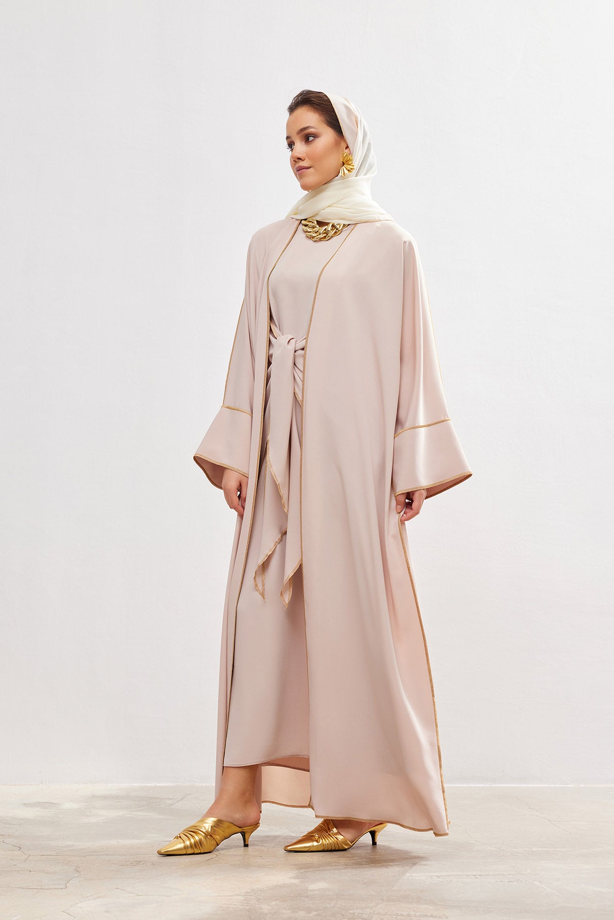 Gold Lined Salmon Abaya and Dress Set