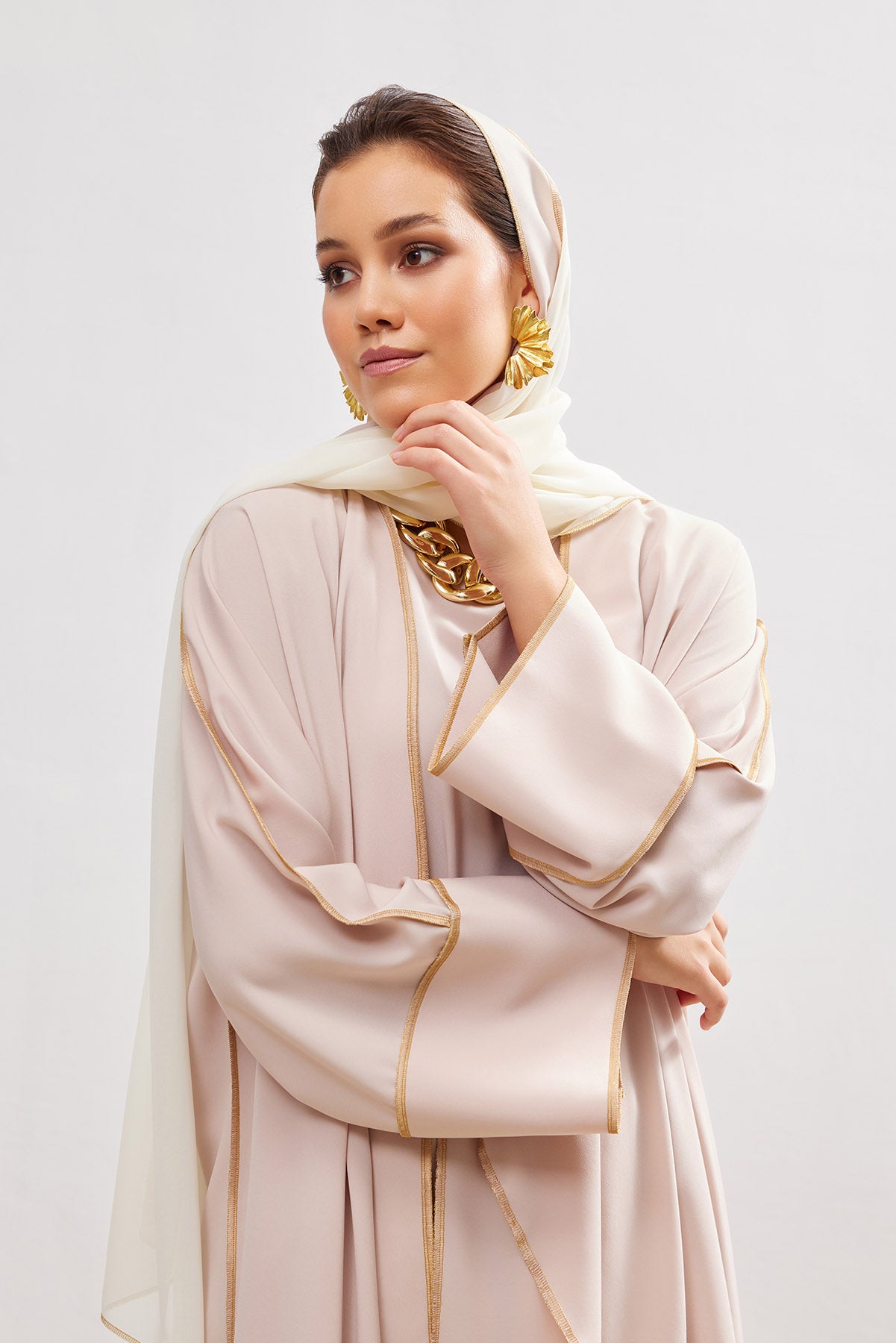 Gold Lined Salmon Abaya and Dress Set