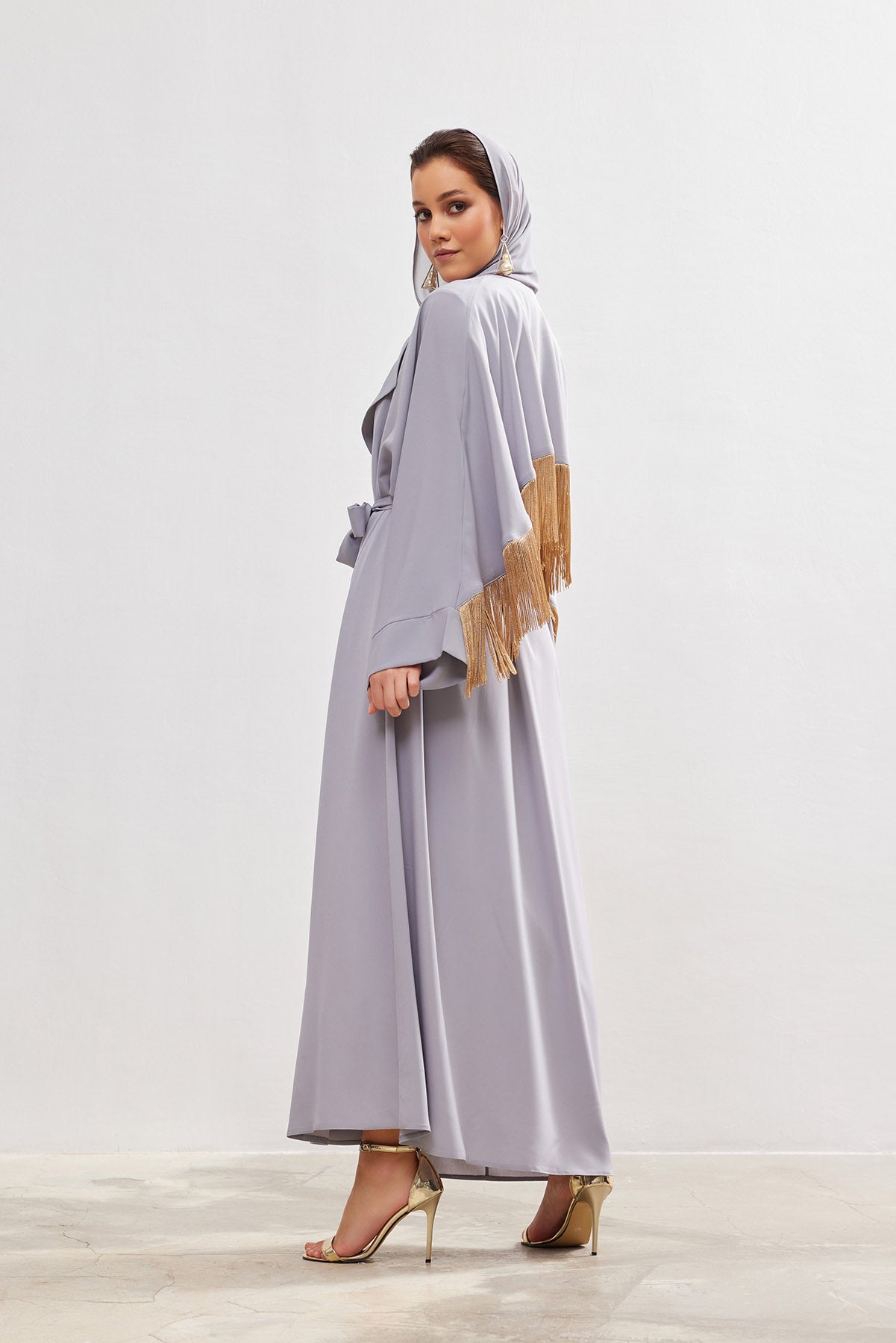 Grey Gold Tassel Abaya