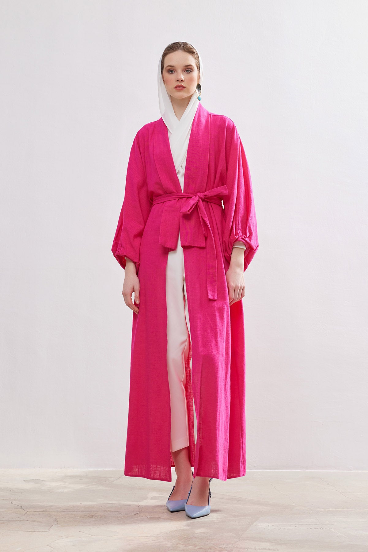 Natural Cotton Fucshia Abaya with Belt