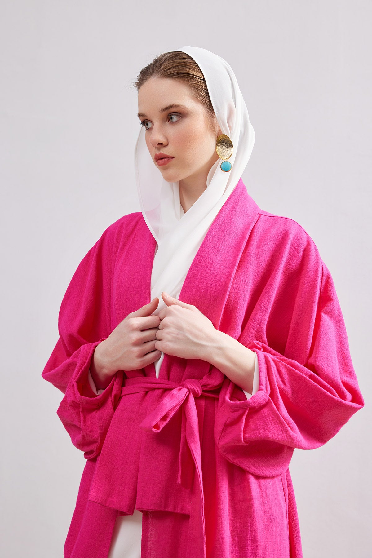 Natural Cotton Fucshia Abaya with Belt