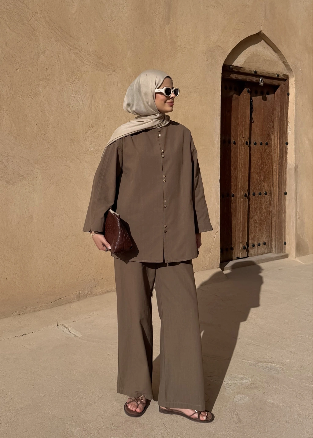 Khaki Button Detail Linen Set – Adjustable Waist