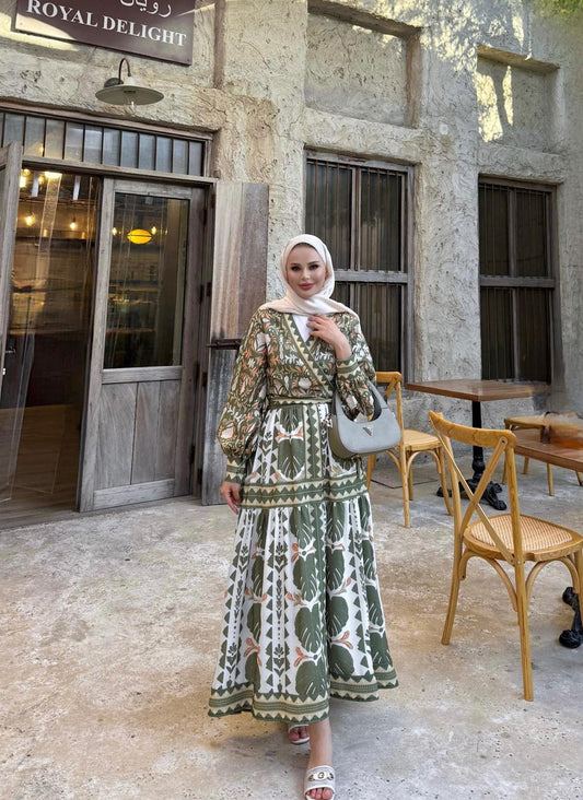 African Print Kimono & Skirt Set – Green