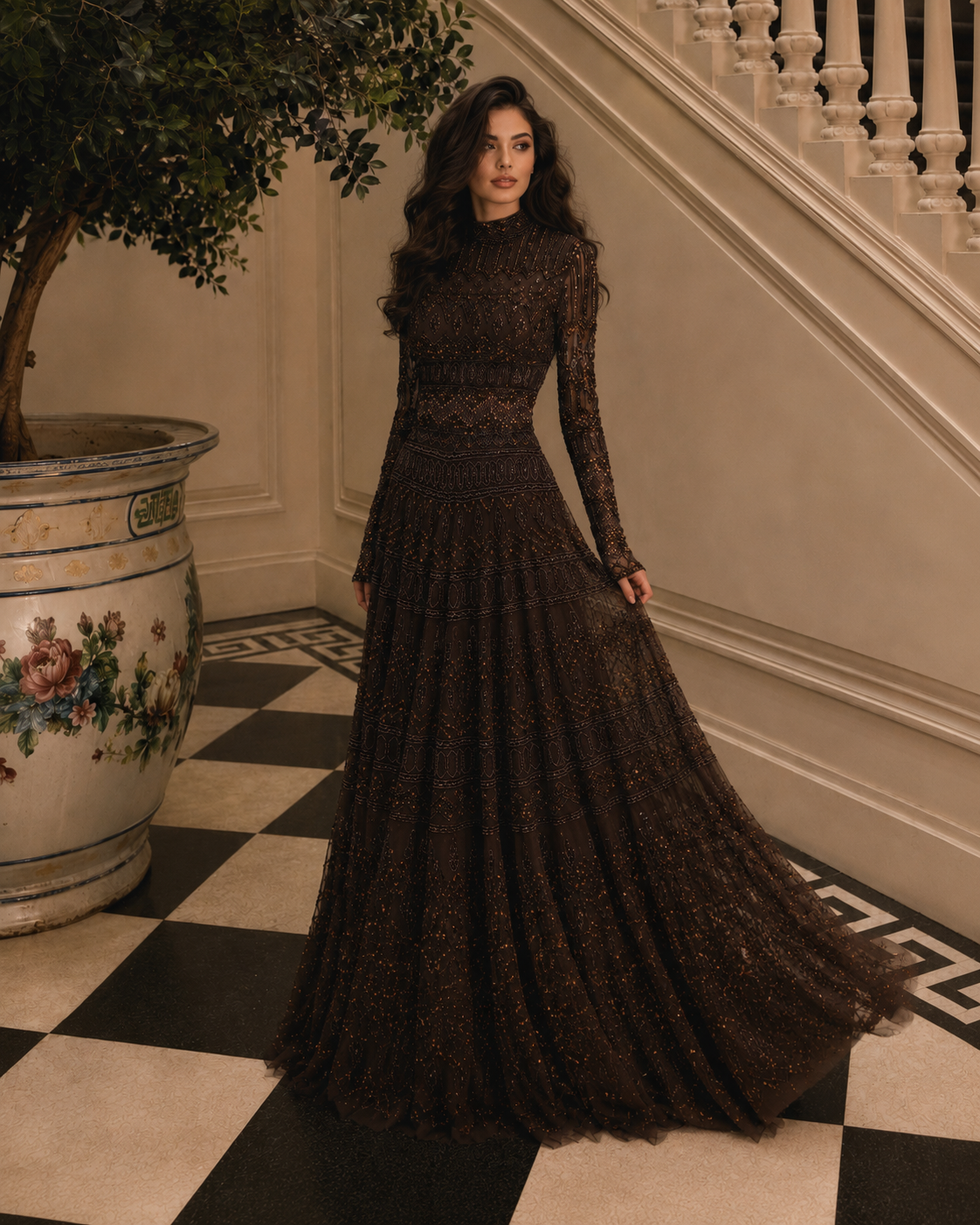 Couture Rania Full Embroidered Modest Evening Dress - Brown