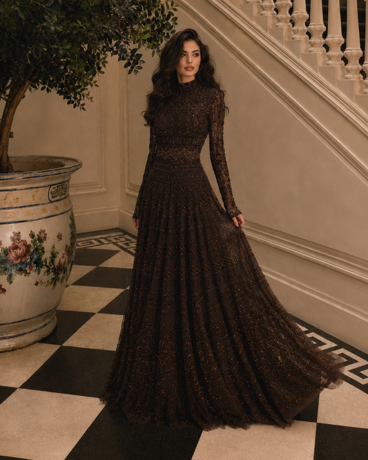Couture Rania Full Embroidered Modest Evening Dress - Brown