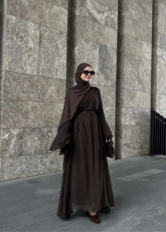 Brown Chiffon Dress with Ruffled Sleeves