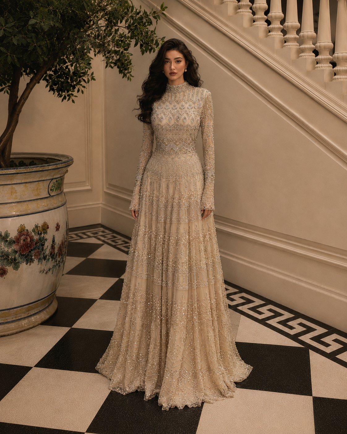 Couture Rania Full Embroidered Modest Evening Dress - Gold